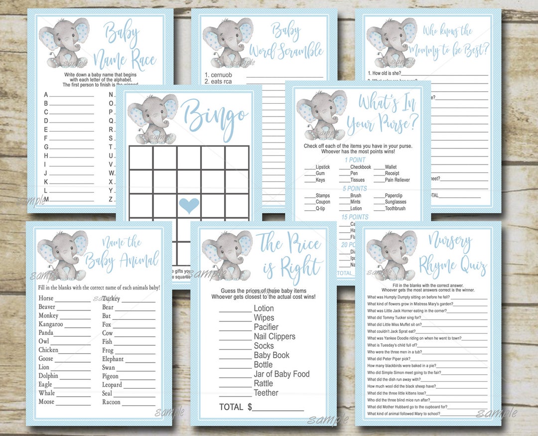 Boy Elephant Baby Shower Game Package Set, 8 Printable Blue Elephant ...