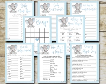 Junge Elefant Baby-Dusche-Spiel-Paket-Set, 8 druckbare blaue Elefanten Safari Baby-Dusche-Spiele-Party-Paket, druckbare Instant Download P28