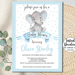 Boy Elephant Baby Shower Invitation Editable, Blue Boy Baby Shower, Safari Baby shower template, Editable invite INSTANT DOWNLOAD P28