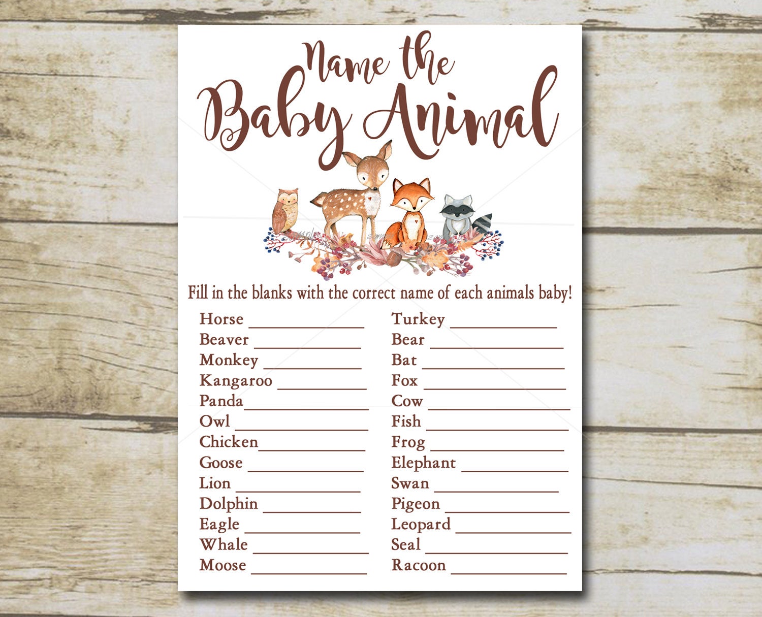Woodland Baby Shower Game Name the Baby Animals Game - Etsy Woodland Baby Shower Game Name the Baby Animals Game - Etsy