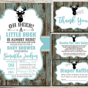 Oh Deer Baby Shower Invitation kit, Little Buck Editable invite template Books for Baby, Diaper Raffle & Thank You, Rustic Boy Barnboard P62