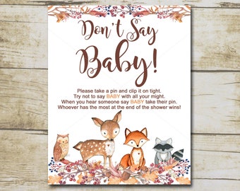 Woodland Baby Shower Game Don't Say Baby Late Night Diaper Game, Forest Animal Baby Shower, Baby Shower Game / INSTANT DOWNLOAD P01