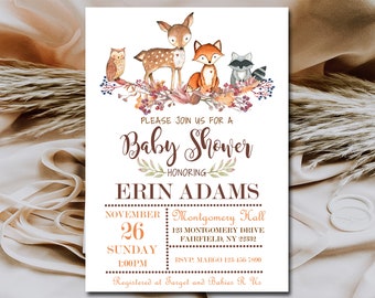 Woodland Baby Shower Invitation, Editable You Edit - Printable Woodland forest animals baby shower, woodland animals, INSTANT DOWNLOAD P01