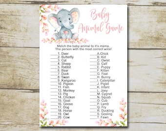 Girl Elephant Baby Animal Baby Shower Game, Floral Pink girl elephant safari game quiz, name the animals, Printable Instant Download P292