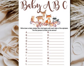 Woodland Baby Shower Game, Baby ABC's game, Woodland Forest animals baby shower game, Printable Instant Download P01