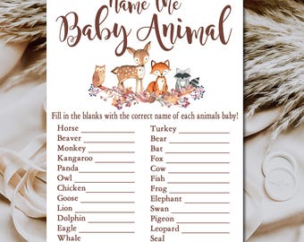 Woodland Baby Shower Game, Name The Baby Animals Game, Woodland Forest animals game quiz, name the animals, Printable Instant Download P01