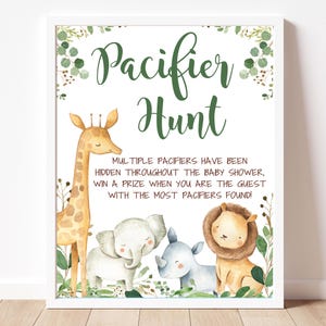 Safari Jungle Pacifier Hunt game Sign, Printable gender neutral Baby Shower Table sign,  INSTANT DOWNLOAD P124