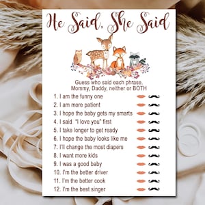 Woodland Baby Shower Game, He Said She Said Game, Mommy or Daddy Baby Shower quiz, Woodland Forest animals, Printable Instant Download P01