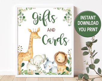 Safari Baby Shower Gifts and Cards Sign, Table Sign, Greenery Jungle animals shower display sign Instant Download matches invitation P124