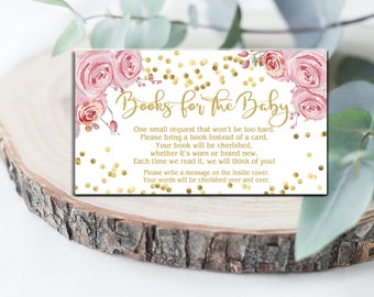 Gold Confetti Books for Baby Shower insert card, Girl Pink floral baby shower card insert, invitation insert Printable INSTANT DOWNLOAD P17