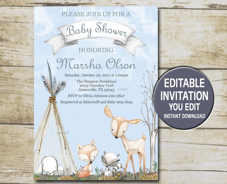 Boy Woodland Baby Shower Invitation template Editable Etsy