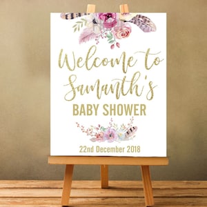 Baby Shower Welcome Sign, Baby Shower Sign, Shower Welcome Poster, Boho Tribal Feathers Welcome, YOU PRINT digital file Personalized, P49