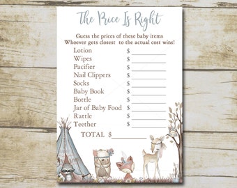 Boy Woodland Baby Shower Game, Price is Right Game, Blue Boho Woodland Forest animals baby shower, Printable Instant Download P107