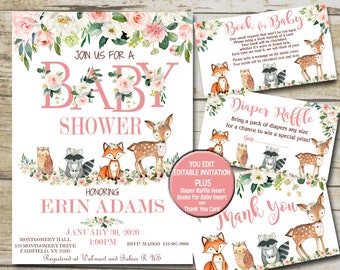 Woodland Girl Baby Shower Invitation kit pink Woodland animals Editable invite template Book for Baby, Diaper Raffle & Thank You suite  P116