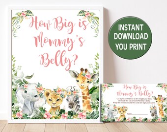 May include: Printable baby shower game card with a jungle theme. The card features a giraffe, zebra, lion, and elephant with floral headbands. The text on the card reads "How Big is Mommy's Belly?" and includes instructions for the game.
