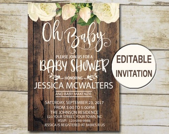 Rustikale Blumen Baby-Dusche-Einladung, bearbeitbare Einladung rustikale Baby-Dusche einladen, Mädchen-Baby-Dusche-Blumen-Holz-Hintergrund SOFORT P25