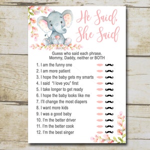 Pink Girl Elephant Baby Shower Game, He Said She Said Game, Mommy or Daddy Baby Shower quiz, safari shower, Printable Instant Download P292