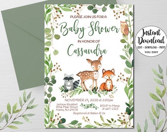 Woodland Baby Shower Invitation, Editable template, forest animals greenery gender neutral Printable invite INSTANT DOWNLOAD P152
