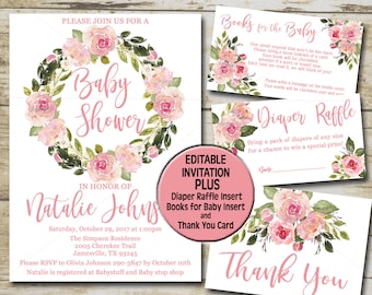 Pink Floral Baby Shower Invitation kit Editable invitation Books for Baby, Diaper Raffle & Thank You card package,  INSTANT DOWNLOAD P11