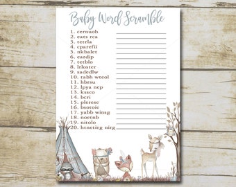 Boy Woodland Baby Shower Game, Word Scramble Game, Blue Boho Woodland Forest animals baby shower, Printable Instant Download P107