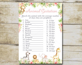 May include: A printable game card with a pink and green floral border. The card features a list of animals and their average gestation periods. The card also includes illustrations of a zebra, lion, and giraffe.