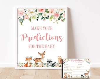 Girl Woodland Predictions Baby Shower game, Pink Floral Forest Animals Predictions Sign & Card,  PRINTABLE INSTANT DOWNLOAD  P116