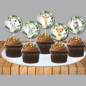 Safari Animals Cupcake toppers, Greenery Jungle Animal labels Safari decoration, Boy Baby Shower, Birthday Printable INSTANT DOWNLOAD P155