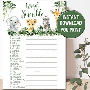 Safari Baby Shower Game, Safari Word Scramble Game, jungle baby shower, Animals Word Scramble Baby shower game, Matches Invitation P155
