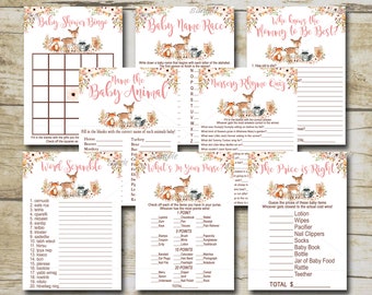 Girl Woodland Baby Shower Game Package, 8 Printable Games, forest animals Baby Shower Game party pack, printable Instant Download P01A