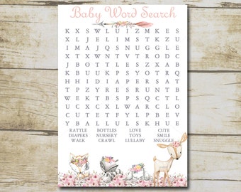 Girl Woodland Baby Shower Game, Word Search Game, Pink Boho  Woodland Forest animals baby shower, Printable Instant Download P72