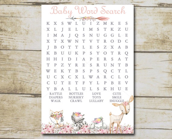 Girl Woodland Baby Shower Game, Word Search Game, Pink Boho  Woodland Forest animals baby shower, Printable Instant Download P72