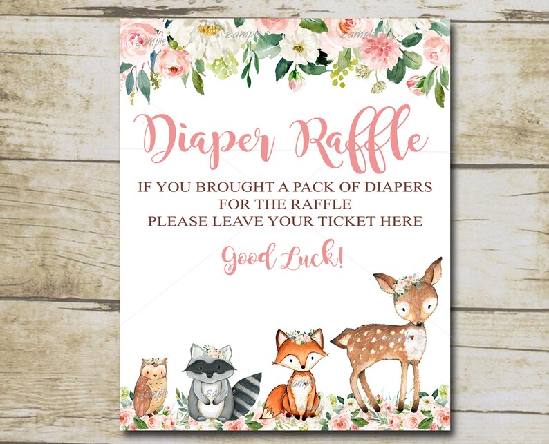 Woodland Baby Shower Diaper Raffle Sign Girl Floral Printable Etsy