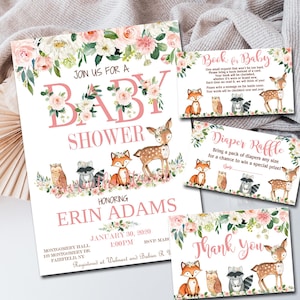 Woodland Girl Baby Shower Invitation kit pink Woodland animals Editable invite template Book for Baby, Diaper Raffle & Thank You suite  P116