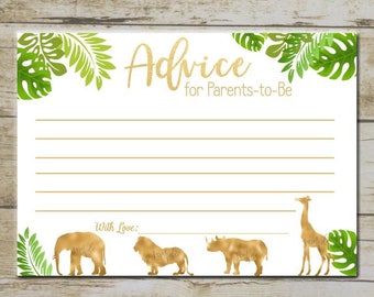 Gold Safari Advice for Parents card, Jungle Animal Giraffe Elephant parents advice cards, advice for new parent  INSTANT DOWNLOAD  P33