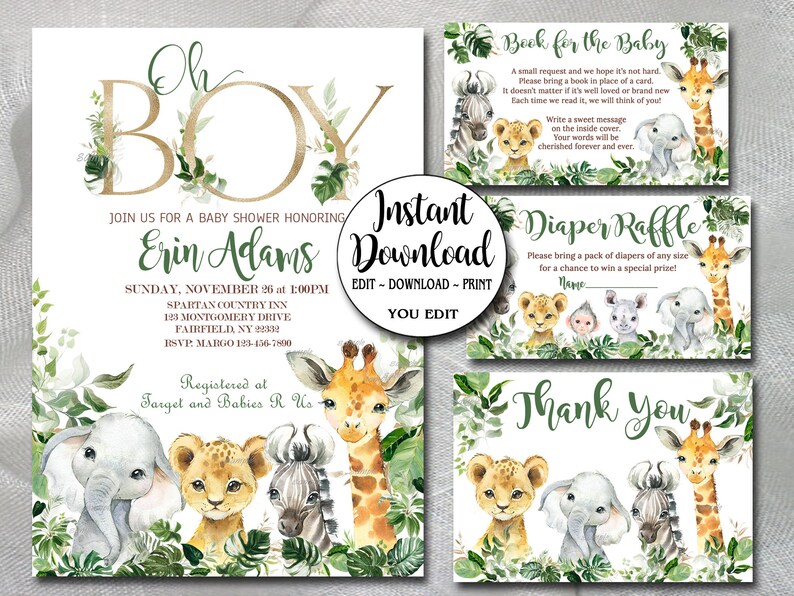 Oh Boy Safari Baby Shower Invitation Bundle Set Editable Etsy