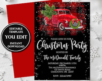 Christmas Party Invitation, Red Truck 5x7 Invite, Editable Digital file, YOU Edit, Printable Invitation, INSTANT DOWNLOAD Template