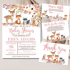 Floral Woodland Animals Baby Shower Invitation kit, Girl Editable invite template PLUS Book for Baby, Diaper Raffle & Thank You suite  P01A