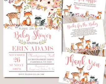 Floral Woodland Animals Baby Shower Invitation kit, Girl Editable invite template PLUS Book for Baby, Diaper Raffle & Thank You suite  P01A