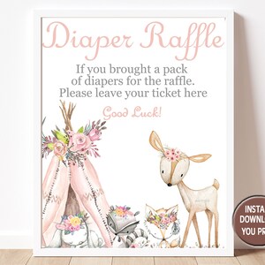 Girl Woodland Baby Shower Diaper Raffle sign, Boho Pink printable Forest woodland animals Baby Shower, Forest Animals INSTANT DOWNLOAD P72