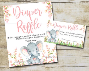 Girl Elephant Diaper Raffle Sign & Card, Printable Insert card Pink Elephant Baby Shower Game, Invitation insert card INSTANT DOWNLOAD P292