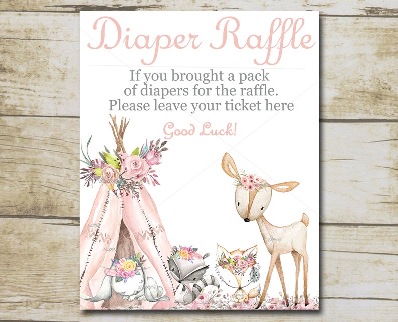Girl Woodland Baby Shower Diaper Raffle Sign Boho Pink Etsy