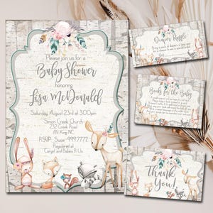 Boho Girl Woodland Baby Shower Invitation template, Woodland Books for Baby, Woodland Diaper Raffle, Woodland Thank You Card, INSTANT   P91