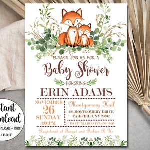 Fox Baby Shower Invitation template, Editable invite, neutral shower invitation, Fox Invitation, Greenery, INSTANT DOWNLOAD P64
