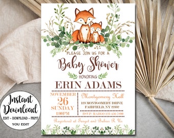 Fox Baby Shower Invitation template, Editable invite, neutral shower invitation, Fox Invitation, Greenery, INSTANT DOWNLOAD P64