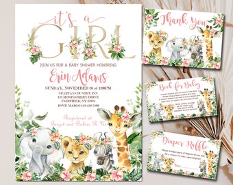 May include: A set of baby shower invitations and cards. The main invitation reads "It's a Girl" with floral accents and event details. Additional cards include "Thank You," "Book for Baby," and "Diaper Raffle," all featuring animal illustrations.