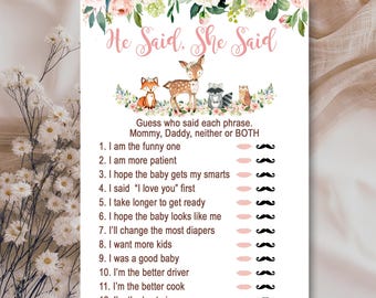 May include: A baby shower game card with the text "He Said, She Said" at the top. The card features illustrations of woodland animals and floral accents. The game includes phrases like "I am the funny one" and "I said 'I love you' first."
