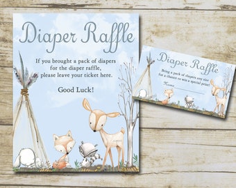 Woodland Baby Shower Diaper Raffle Card Insert and Table Sign, Blue Boy invitation insert ticket, Forest Animals, DIY INSTANT DOWNLOAD P87