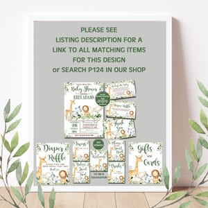May include: A set of printable baby shower party decorations featuring a jungle animal theme. The set includes a welcome sign, a diaper raffle sign, a thank you sign, a gifts and cards sign, and a set of favor tags. The decorations are in shades of green, brown, and white.