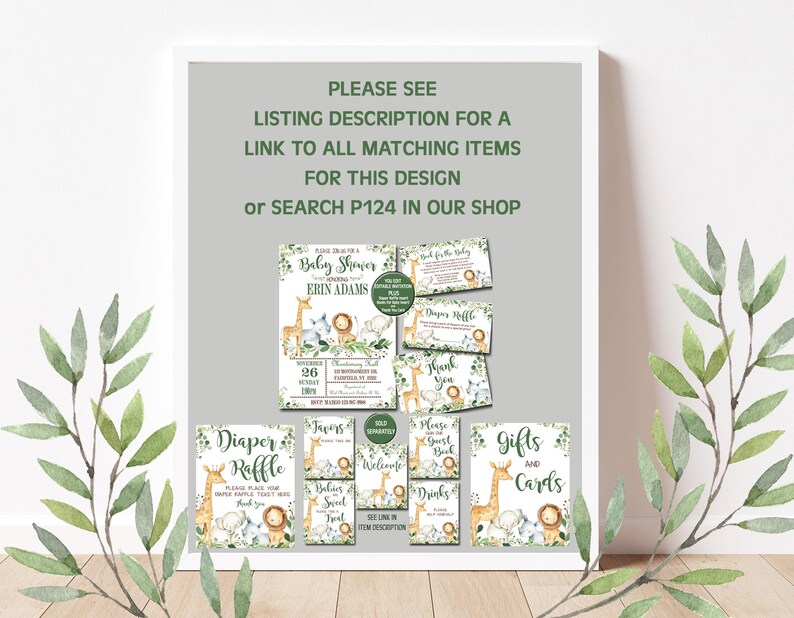May include: A set of printable baby shower party decorations featuring a jungle animal theme. The set includes a welcome sign, a diaper raffle sign, a thank you sign, a gifts and cards sign, and a set of favor tags. The decorations are in shades of green, brown, and white.