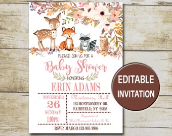 Floral Woodland Animals Baby Shower Invitation, Editable Baby shower template Girl Printable invite forest animals , INSTANT DOWNLOAD P01